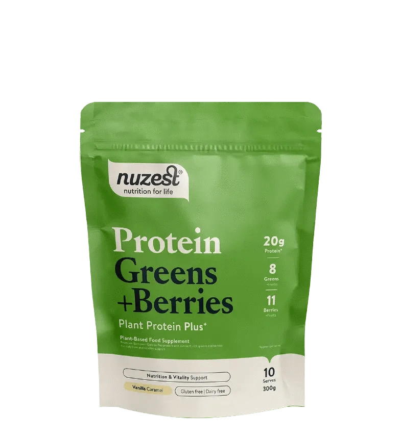 Buy Nuzest Plant Protein Greens + Berries Vanilla Caramel (BBE 9.7.2025) at LiveHelfi