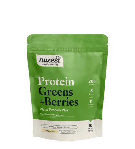 Buy Nuzest Plant Protein Greens + Berries Vanilla Caramel at LiveHelfi