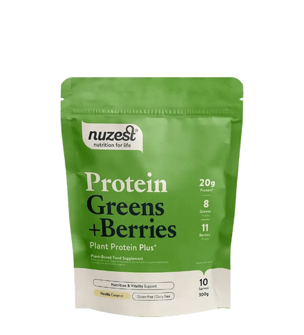 Buy Nuzest Plant Protein Greens + Berries Vanilla Caramel (BBE 9.7.2025) at LiveHelfi